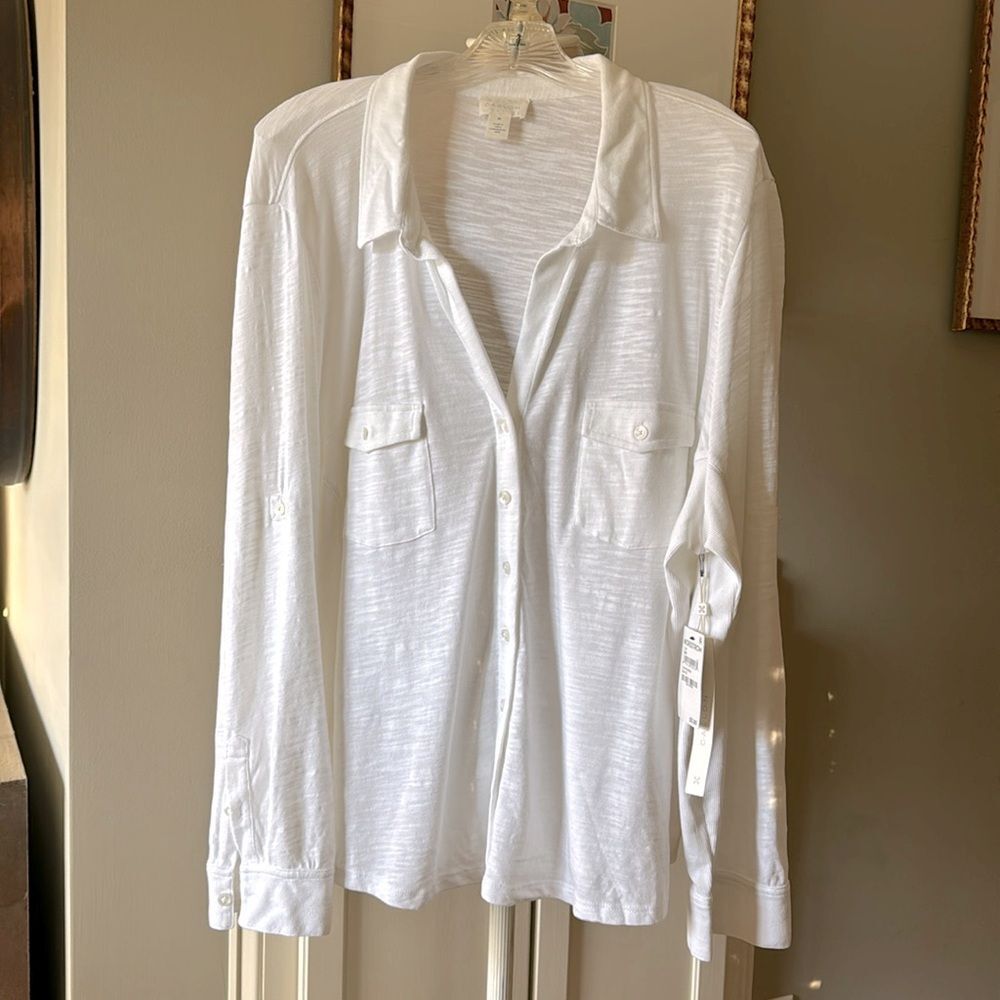 Caslon Shirt Roll Sleeve Cotton Blend Slub Knit Sz 3X Button Front NWT